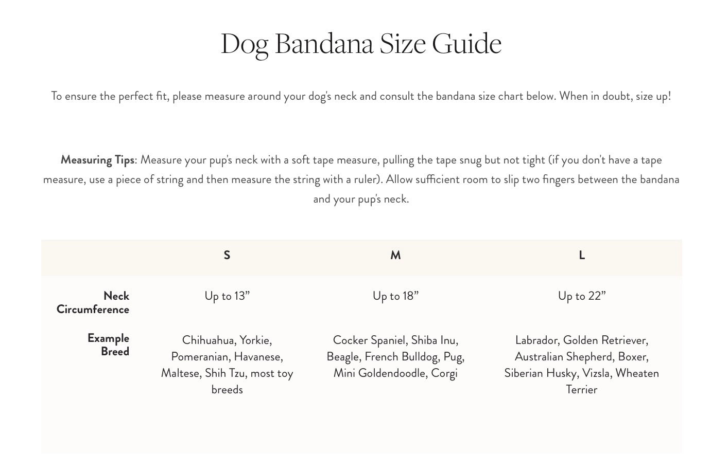 Dog bandana size guide with neck circumference chart and example breeds.