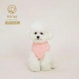 Small white dog wearing a pink sweater with 'Pets Tale' logo above on a light background
