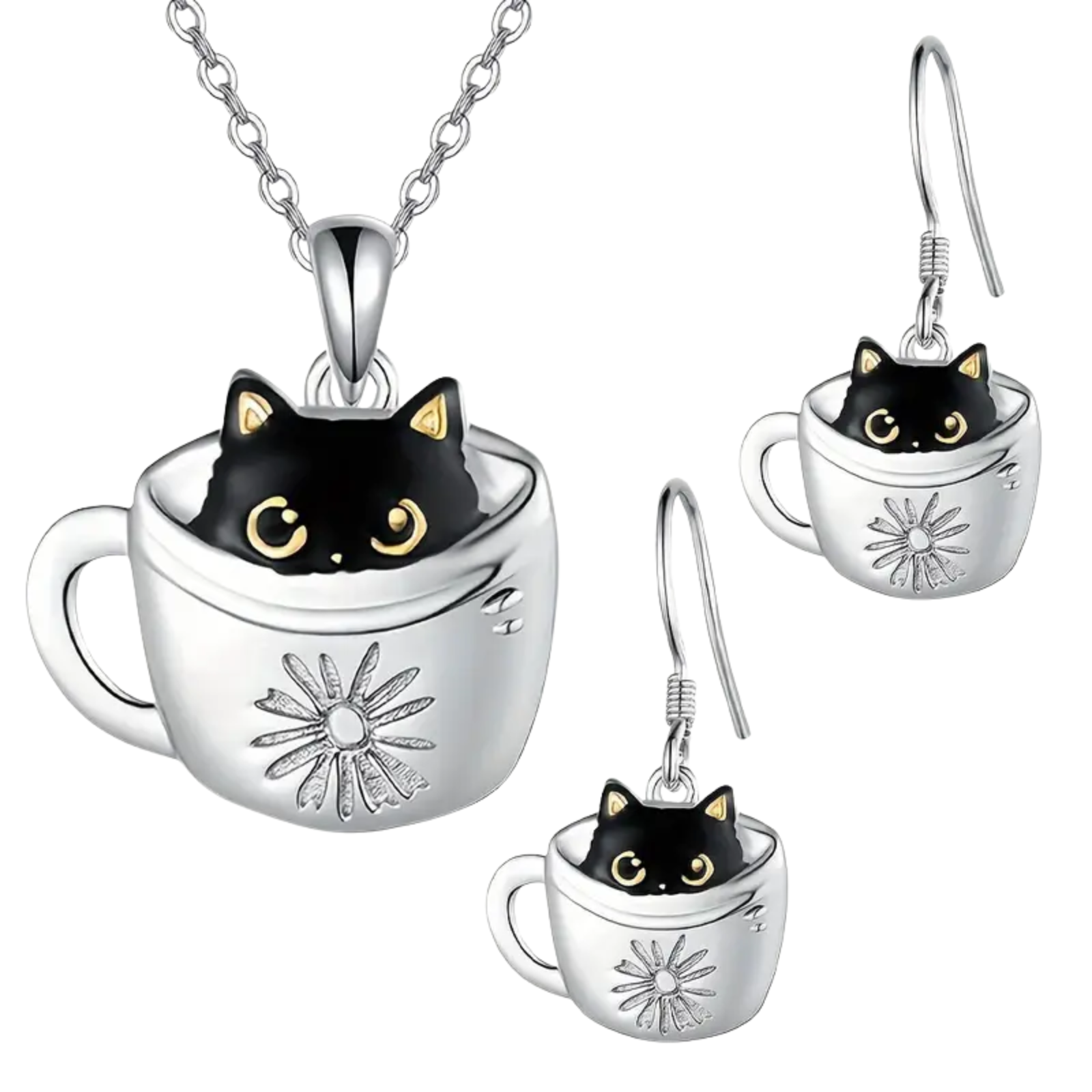 Cat-themed jewelry set with necklace, earrings, and cup-shaped pendants on a white background