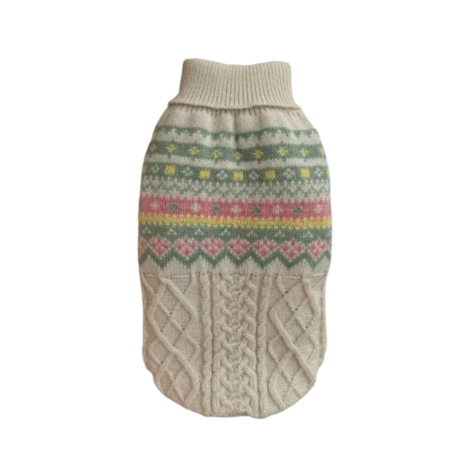 Knitted dog sweater with a pattern on a white background