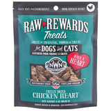 Raw Rewards Treats package for dogs and cats with chicken heart flavor on a white background