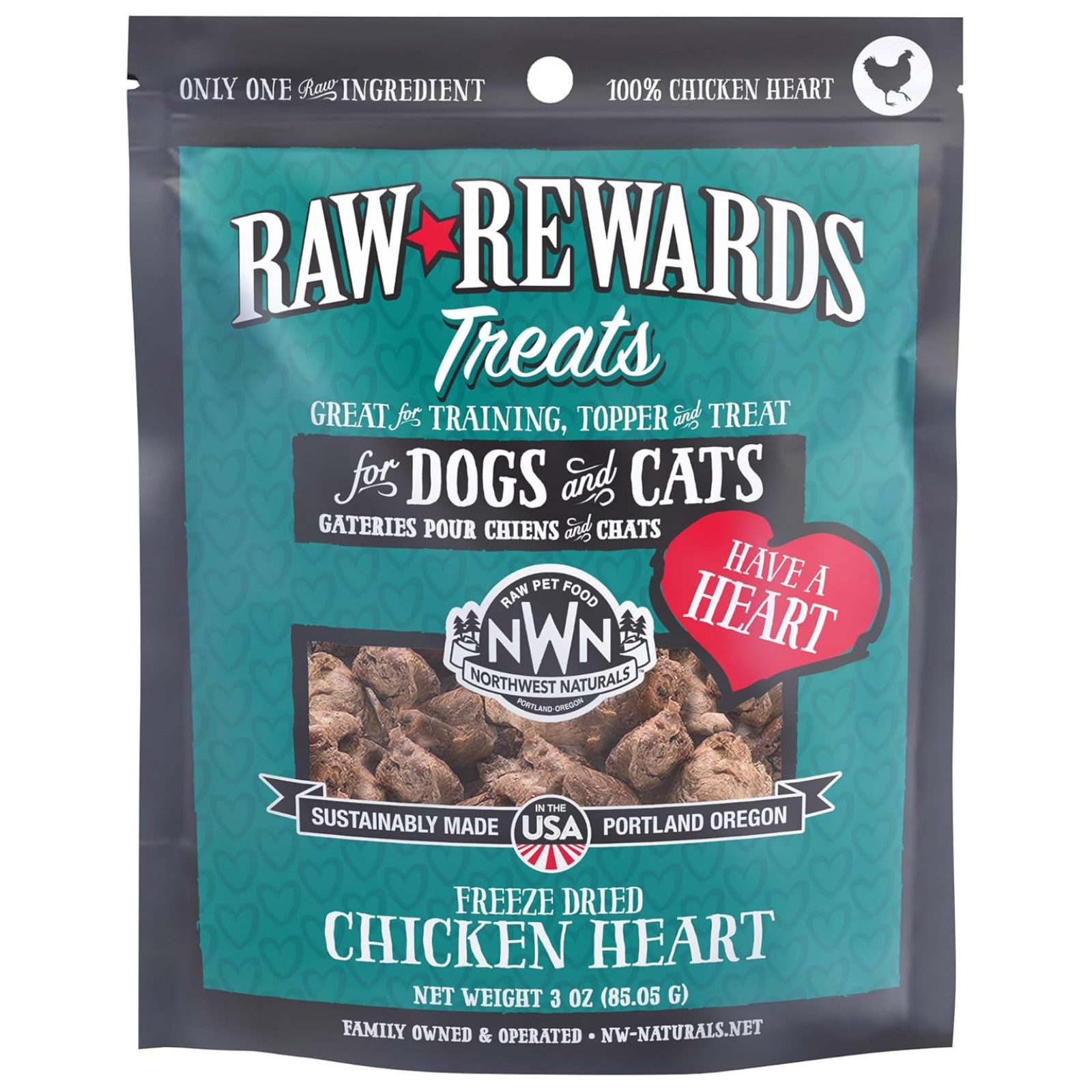 Raw Rewards Treats package for dogs and cats with chicken heart flavor on a white background