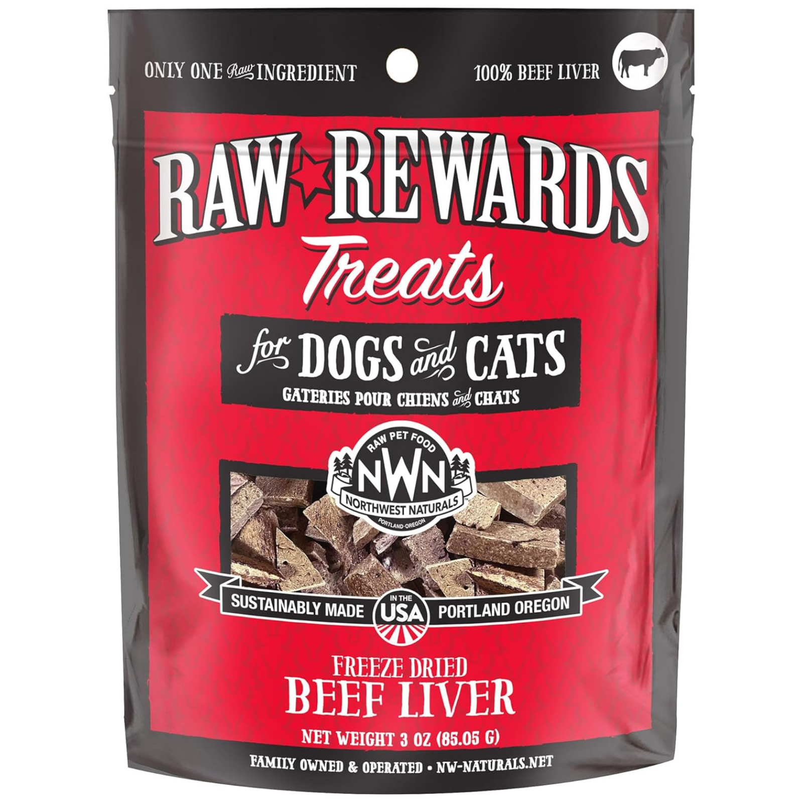 Raw Rewards Treats package for dogs and cats with beef liver flavor on a white background