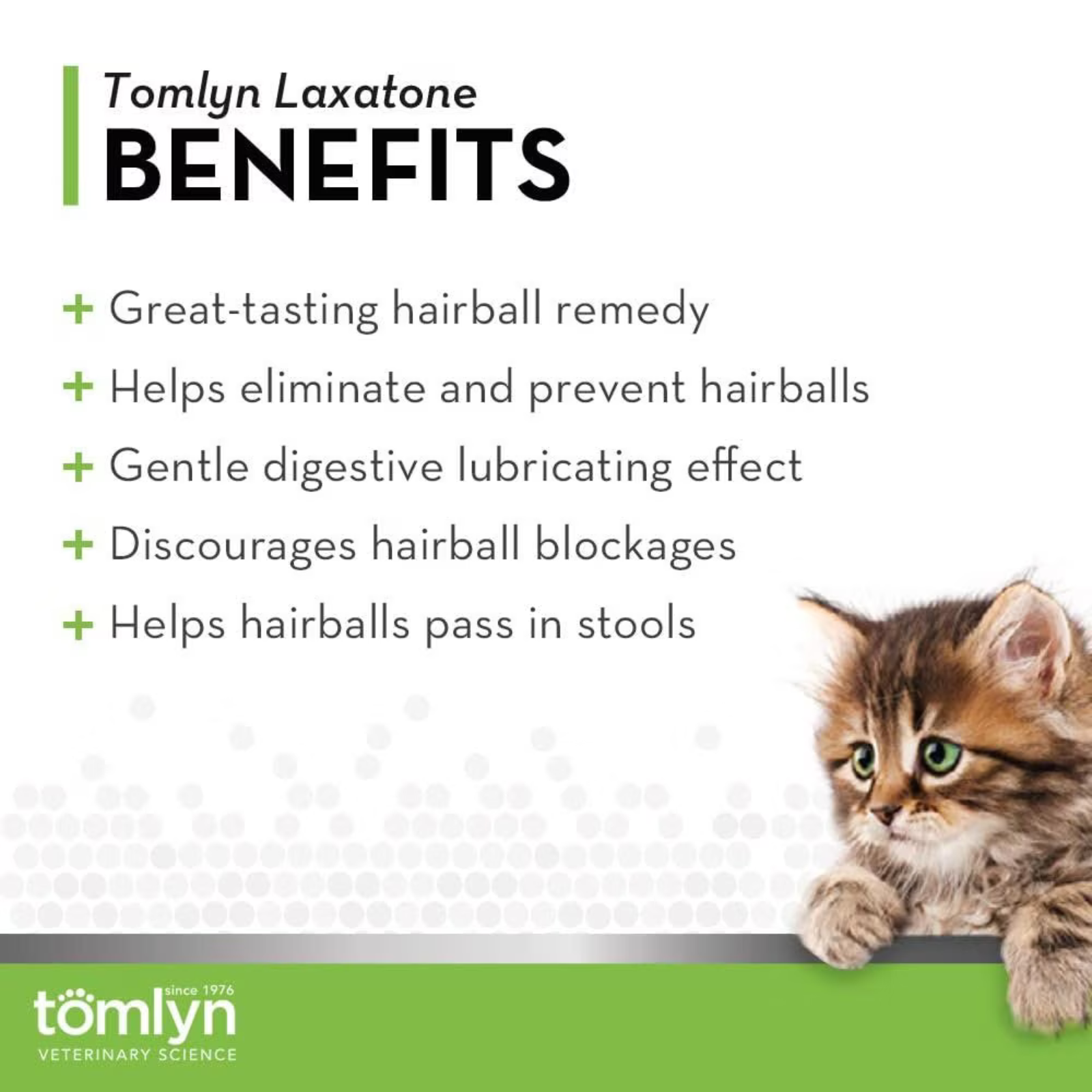 Tomlyn Laxatone benefits listed with a kitten on a white background