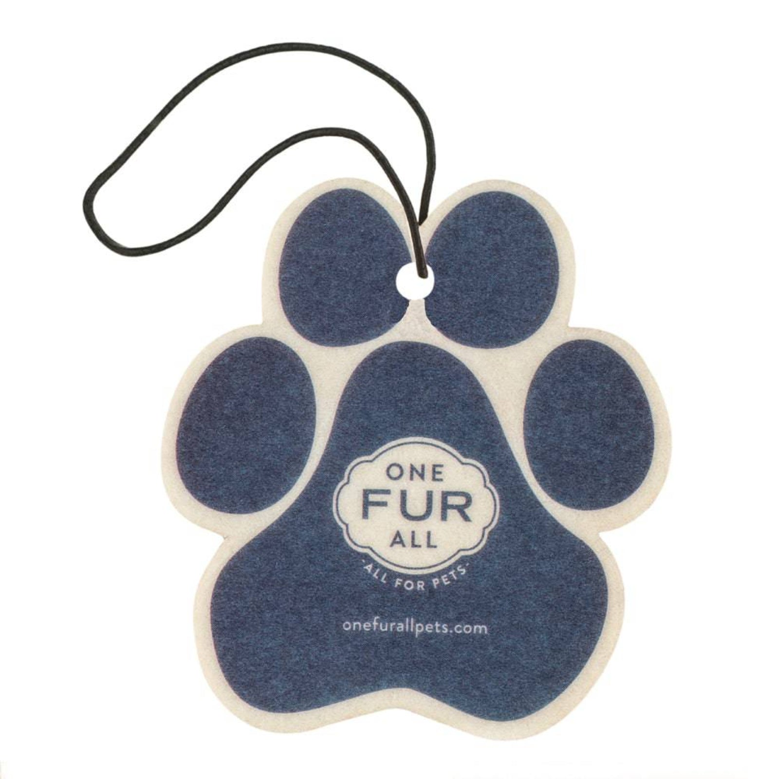 Blue paw-shaped car air freshener with 'One Fur All' logo on a white background