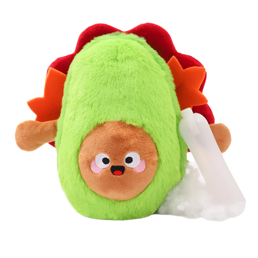 Plush toy avocado with a face on a white background