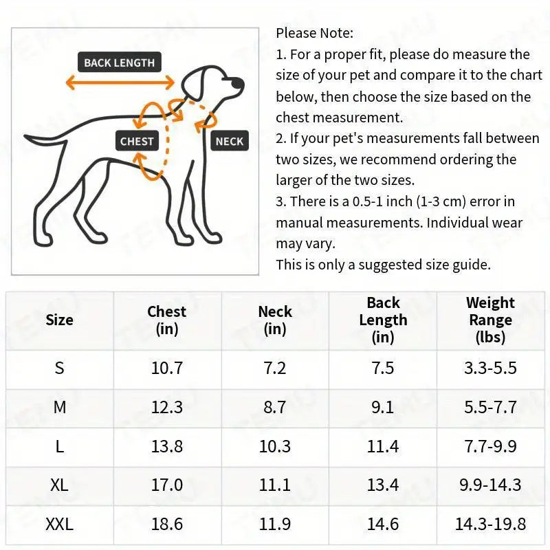 Dog size chart with measurements for chest, neck, back length, and weight range.