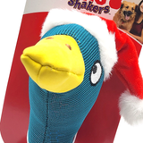 Blue and yellow duck-shaped dog toy with a red background featuring a product box.