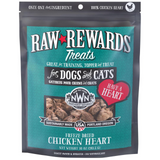 Package of Raw Rewards Freeze Dried Chicken Heart treats for dogs and cats on a white background
