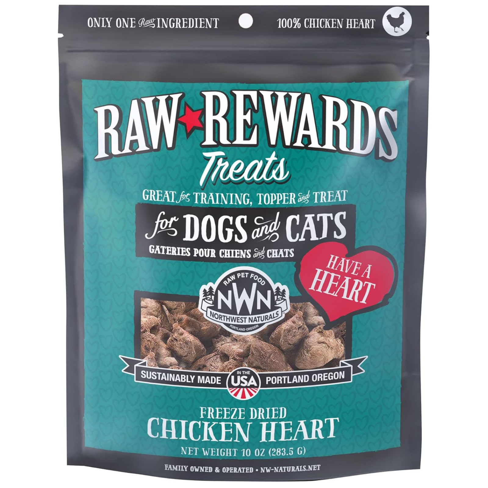 Package of Raw Rewards Freeze Dried Chicken Heart treats for dogs and cats on a white background
