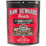 Raw Rewards Treats package for dogs and cats with beef liver flavor on a white background