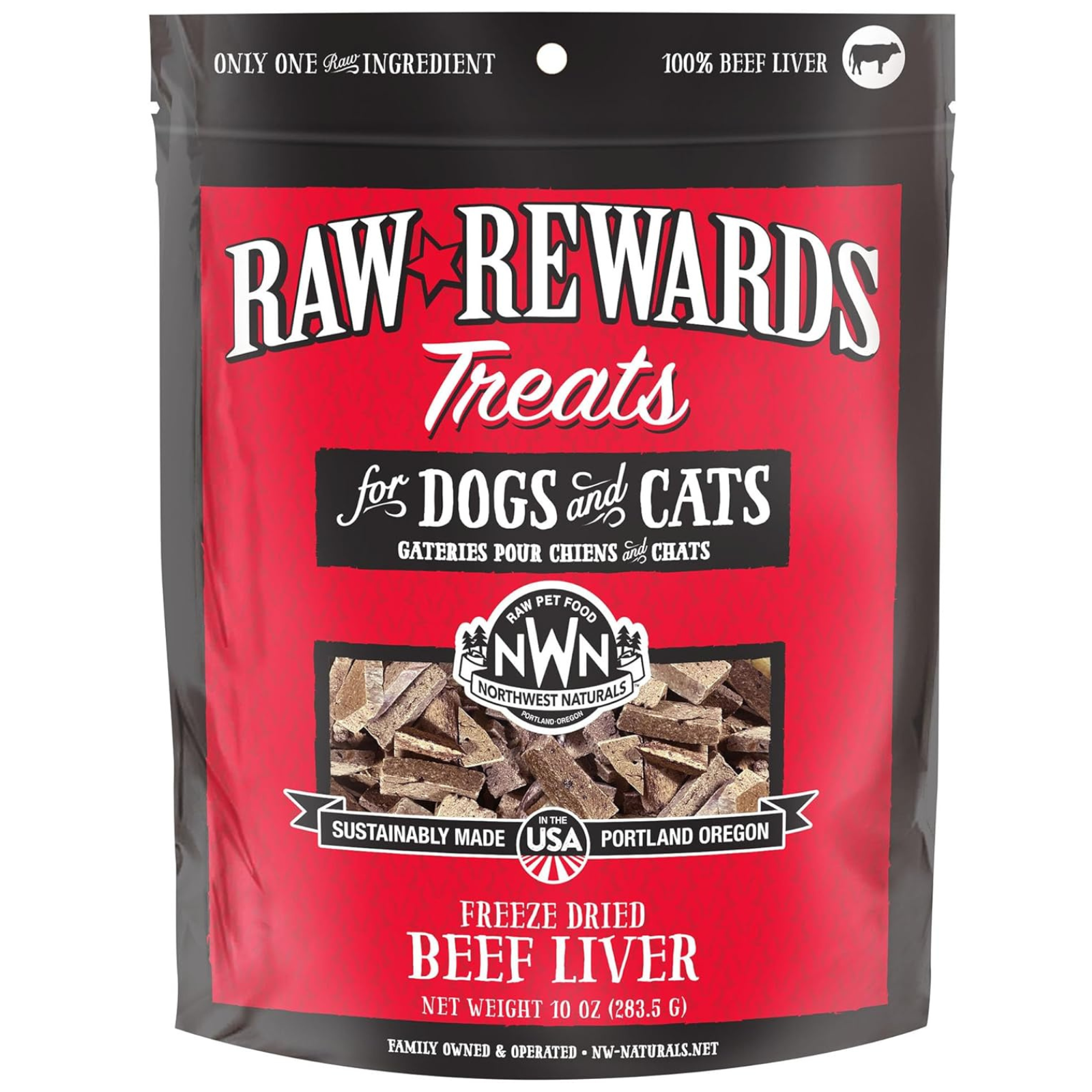 Raw Rewards Treats package for dogs and cats with beef liver flavor on a white background