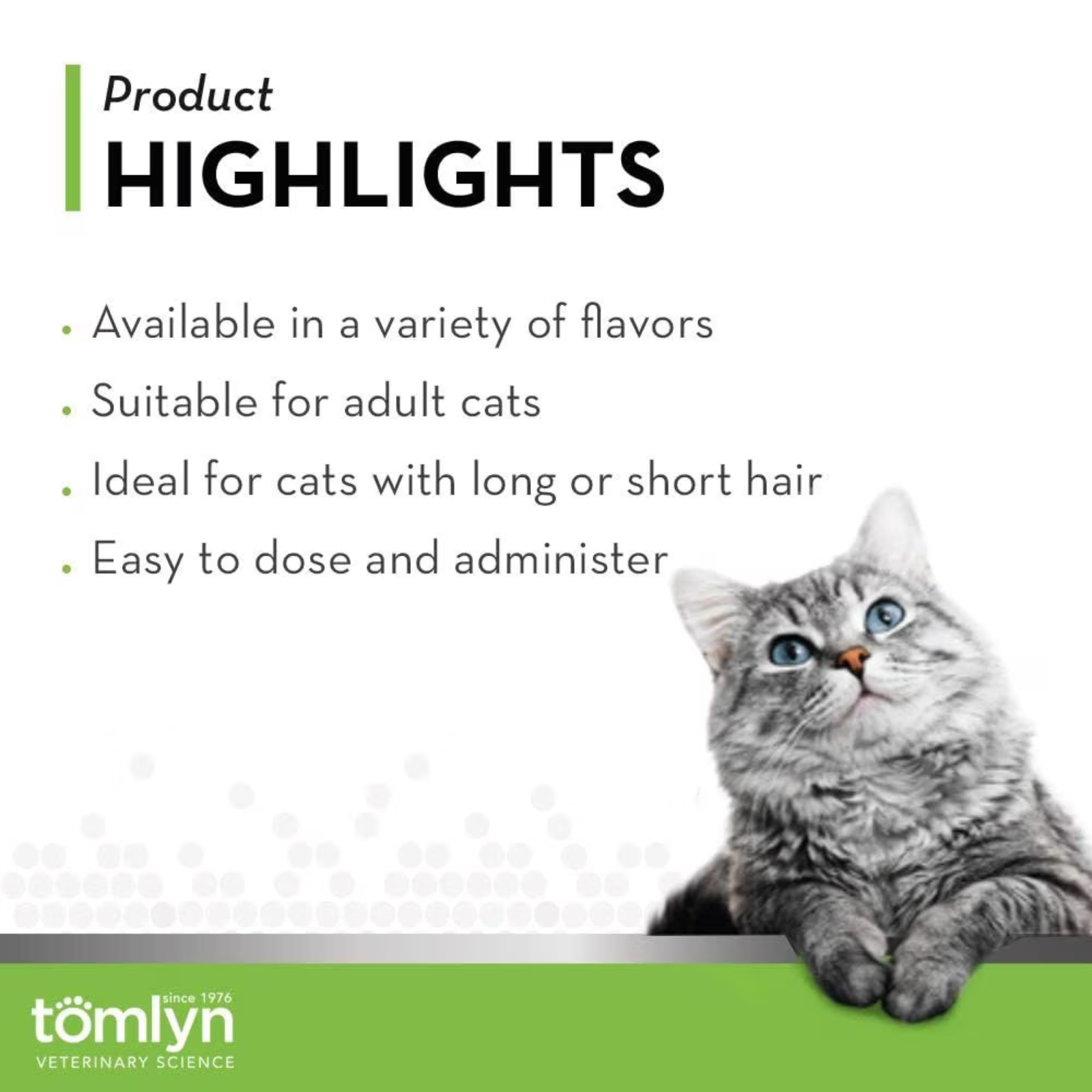 Cat with product highlights text and Tomlyn logo on a white background