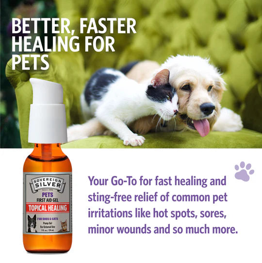 Bottle of Sovereign Silver Pets topical healing gel with a puppy on a green couch in the background.