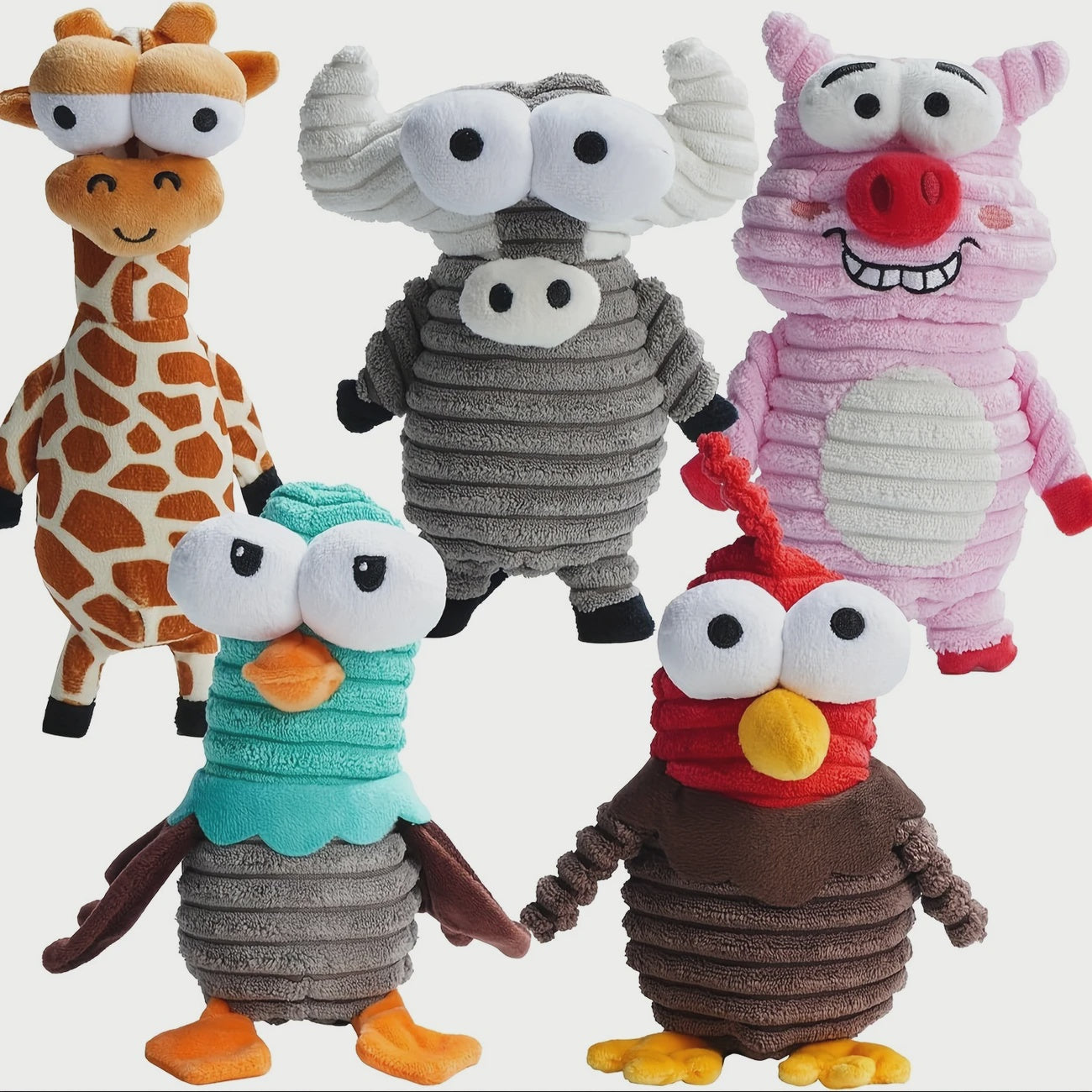 Five colorful animal plush toys on a white background