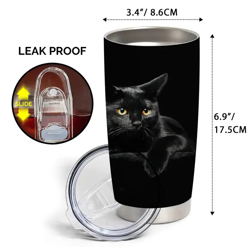 Stainless steel tumbler with a black cat design, leak proof feature, and measurements on a white background.