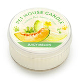 Pet house candle labeled 'Juicy Melon' on a white background