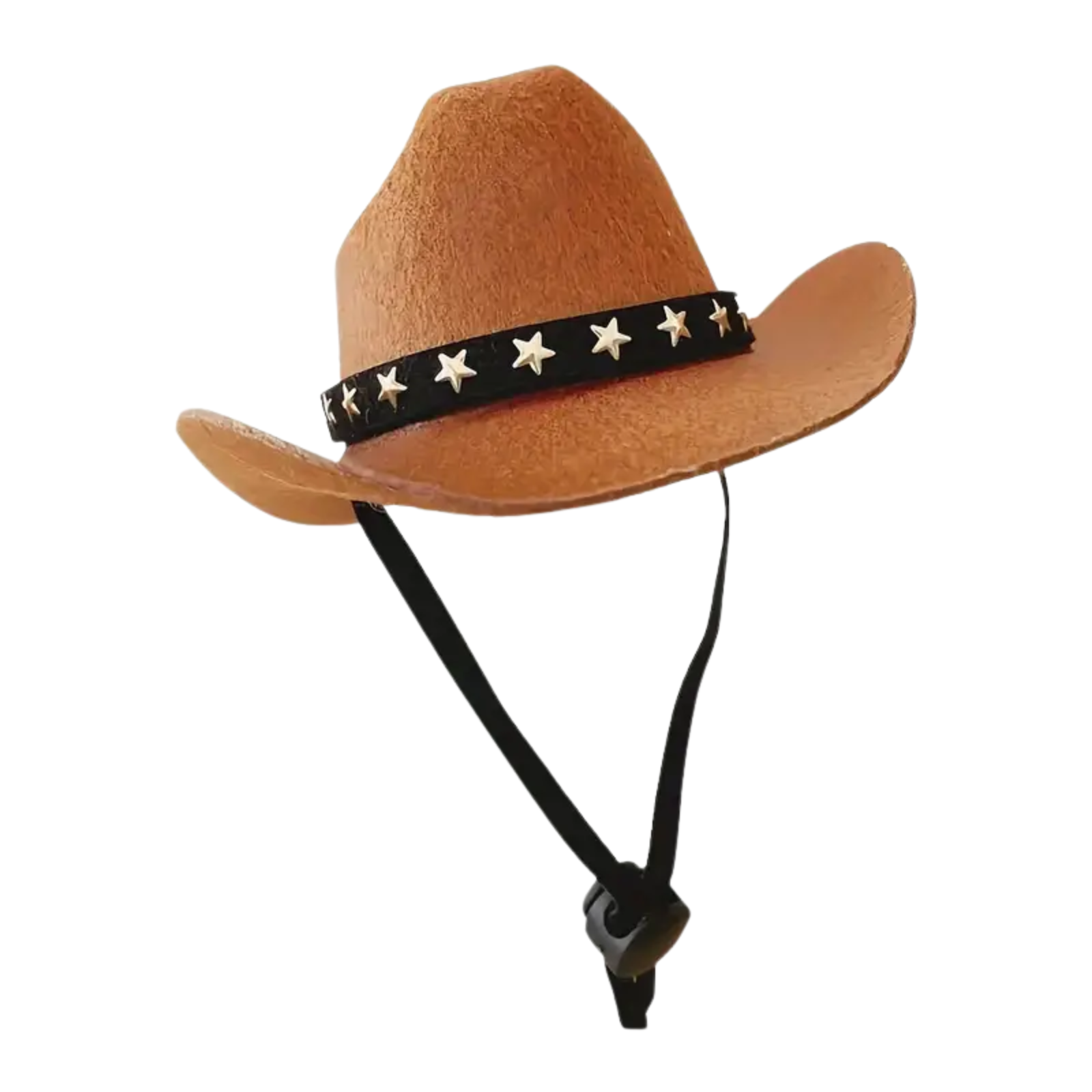 Brown cowboy hat with a black band featuring gold stars on a white background