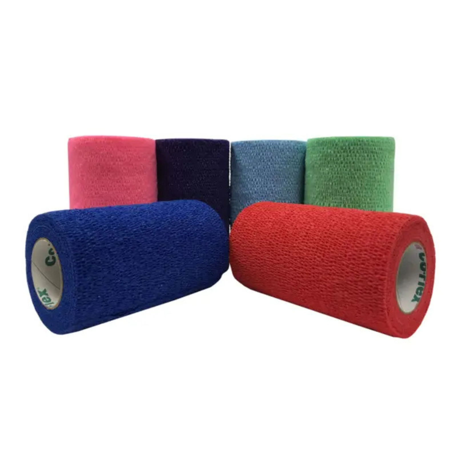 Five rolls of colorful Cohesive Bandage on a white background