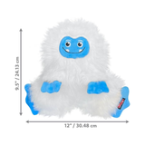 White plush toy with blue accents and measurements on a white background
