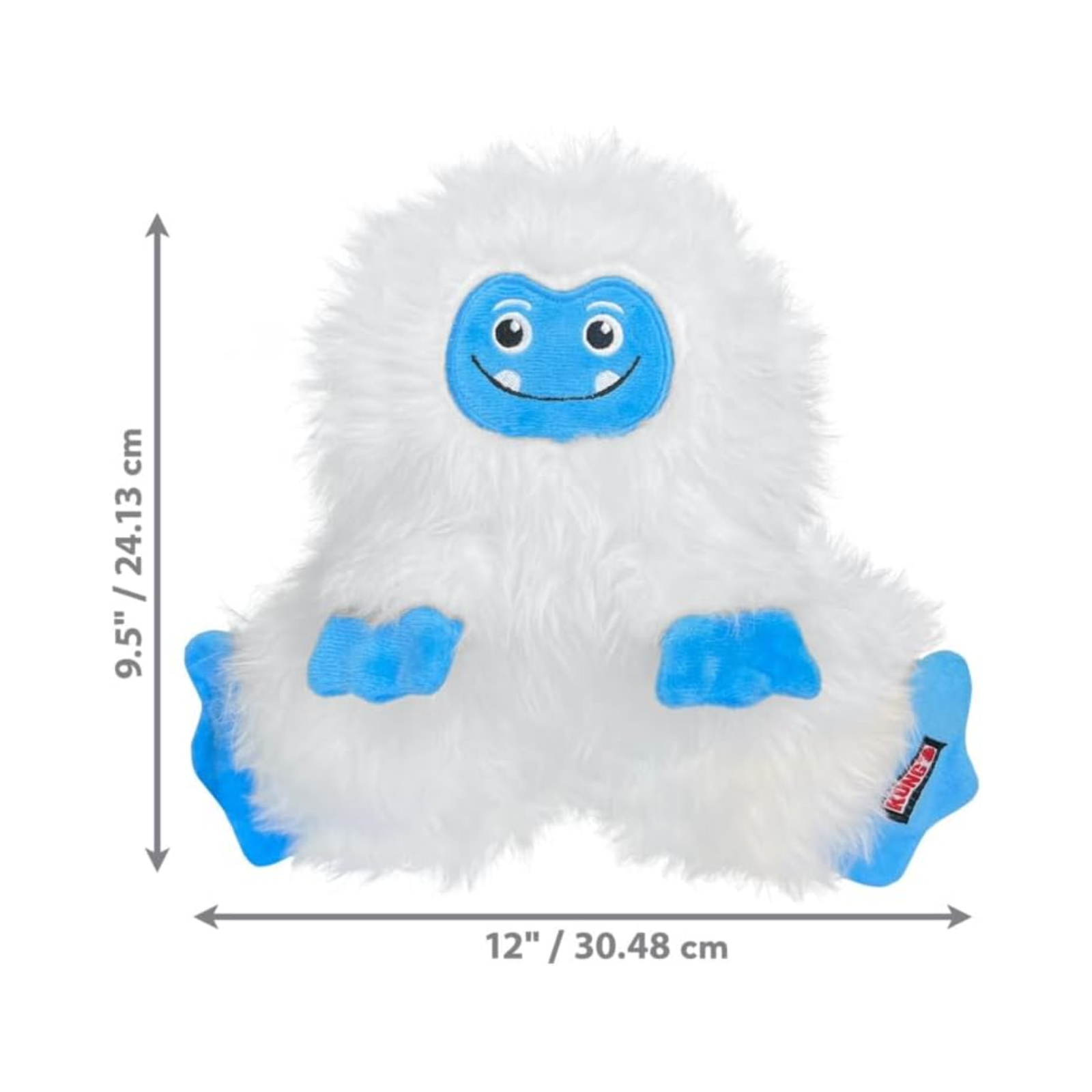 White plush toy with blue accents and measurements on a white background
