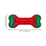 Red and green dog toy with dimensions indicated on a white background