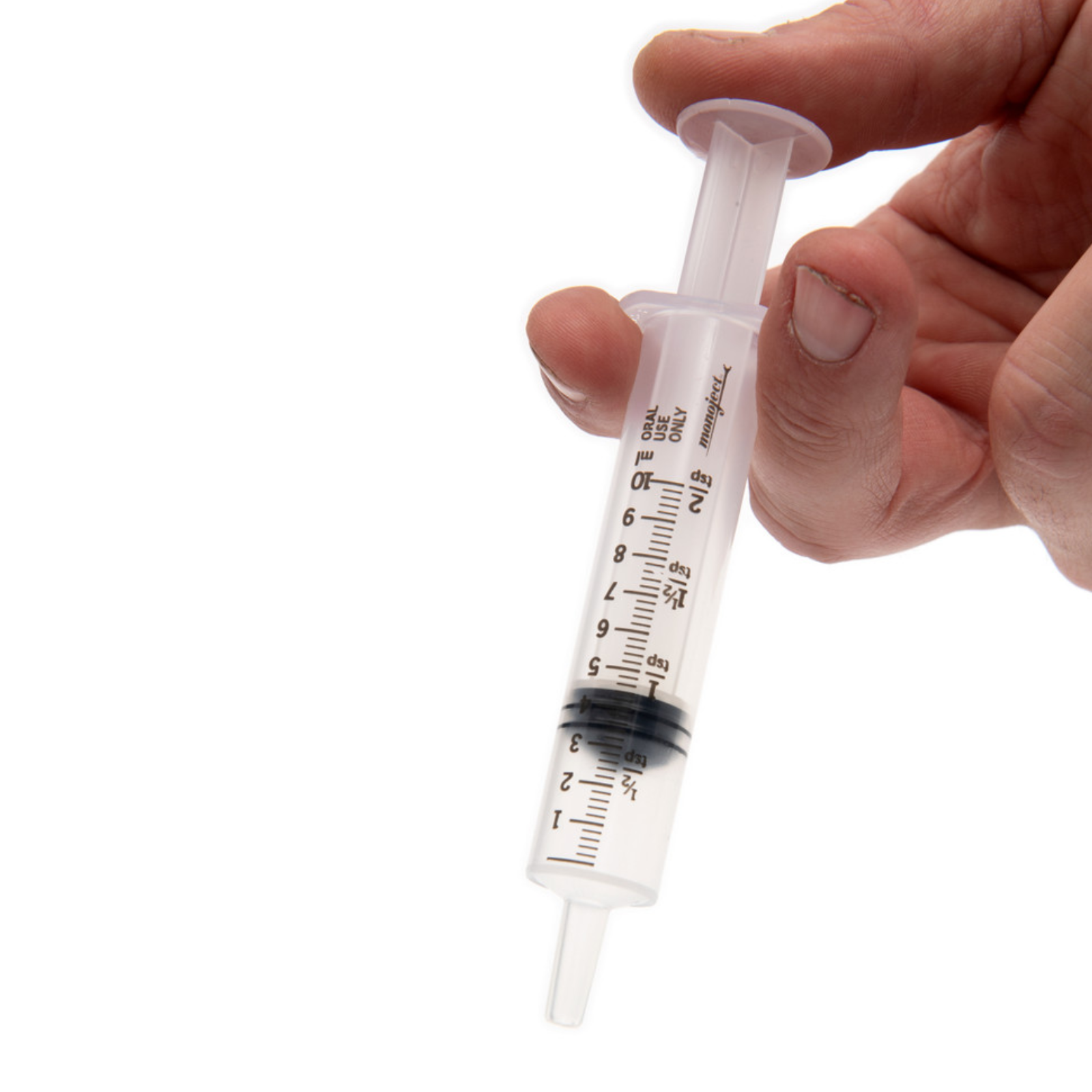 Hand holding a syringe with measurement markings on a white background