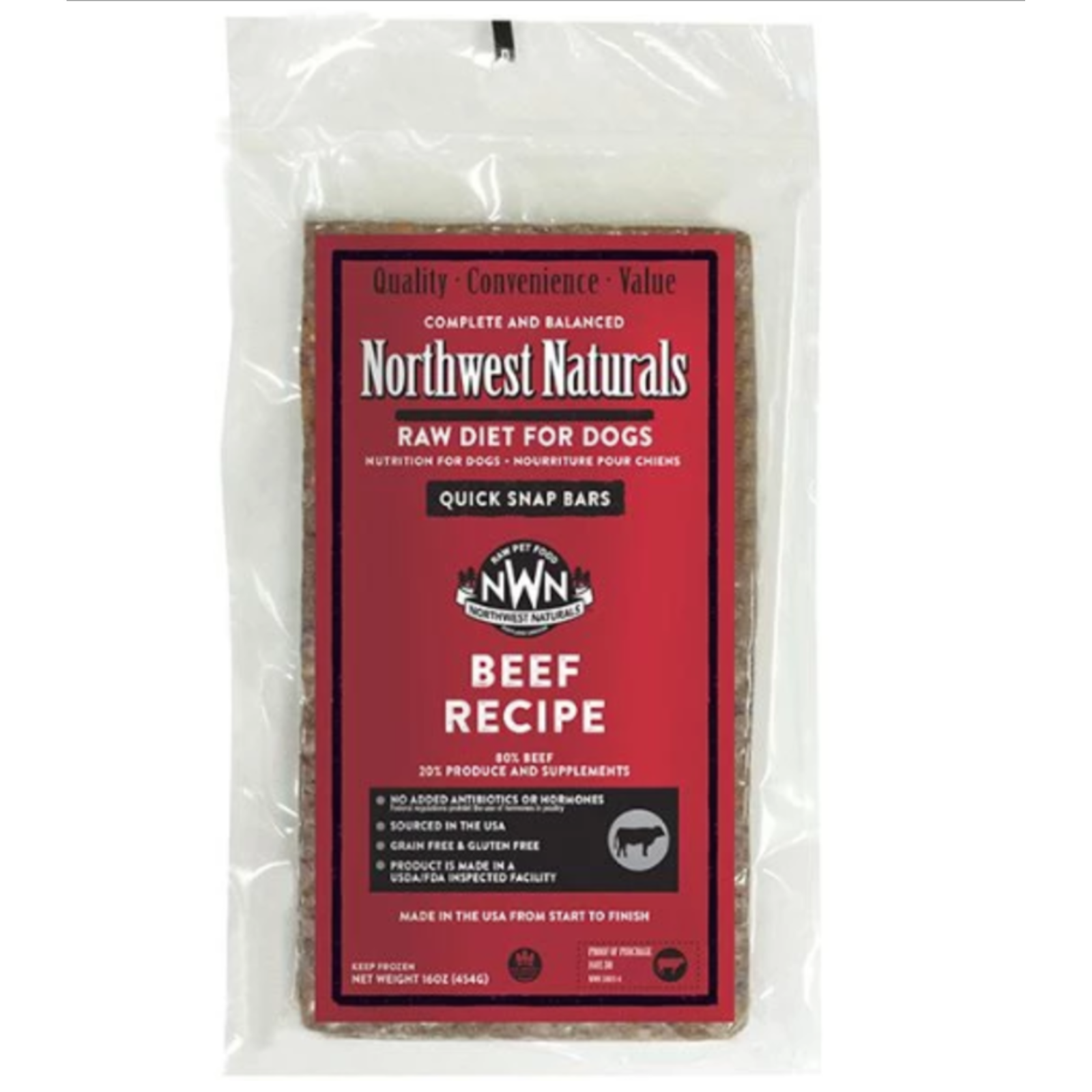 Package of Northwest Naturals raw diet for dogs with beef recipe on a white background