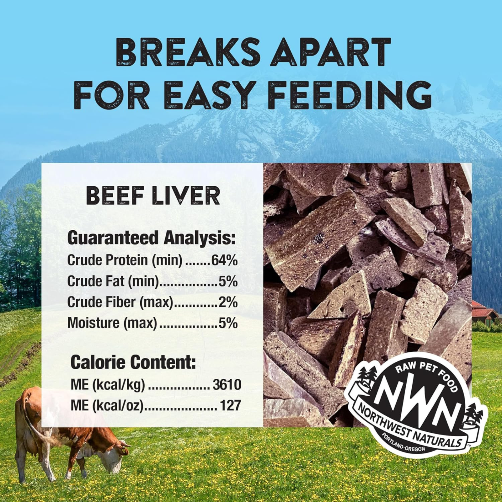 Beef liver product with guaranteed analysis and calorie content displayed, set against a scenic background.
