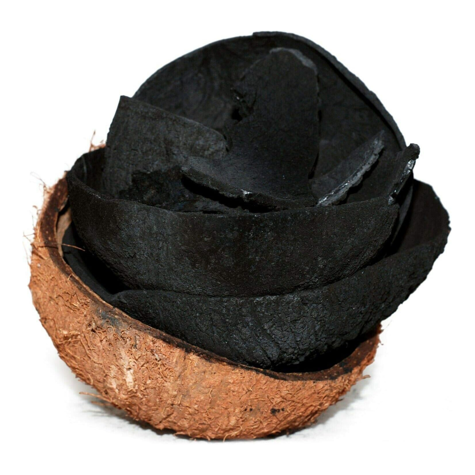 Black material wrapped around a coconut shell on a white background