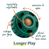 Green pet toy with features labeled on a white background