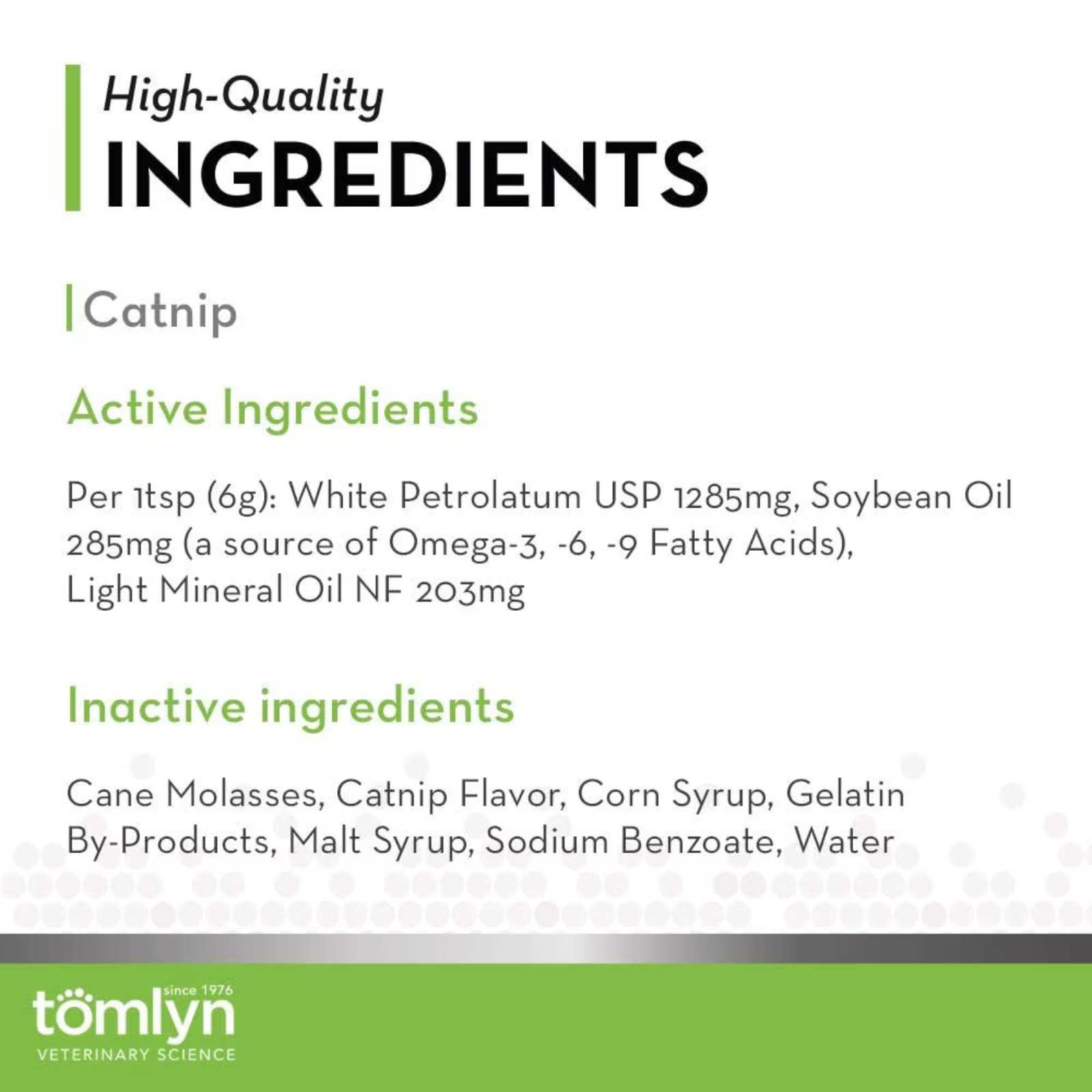 Product label with high-quality ingredients list for a pet product, featuring Tomlyn branding.