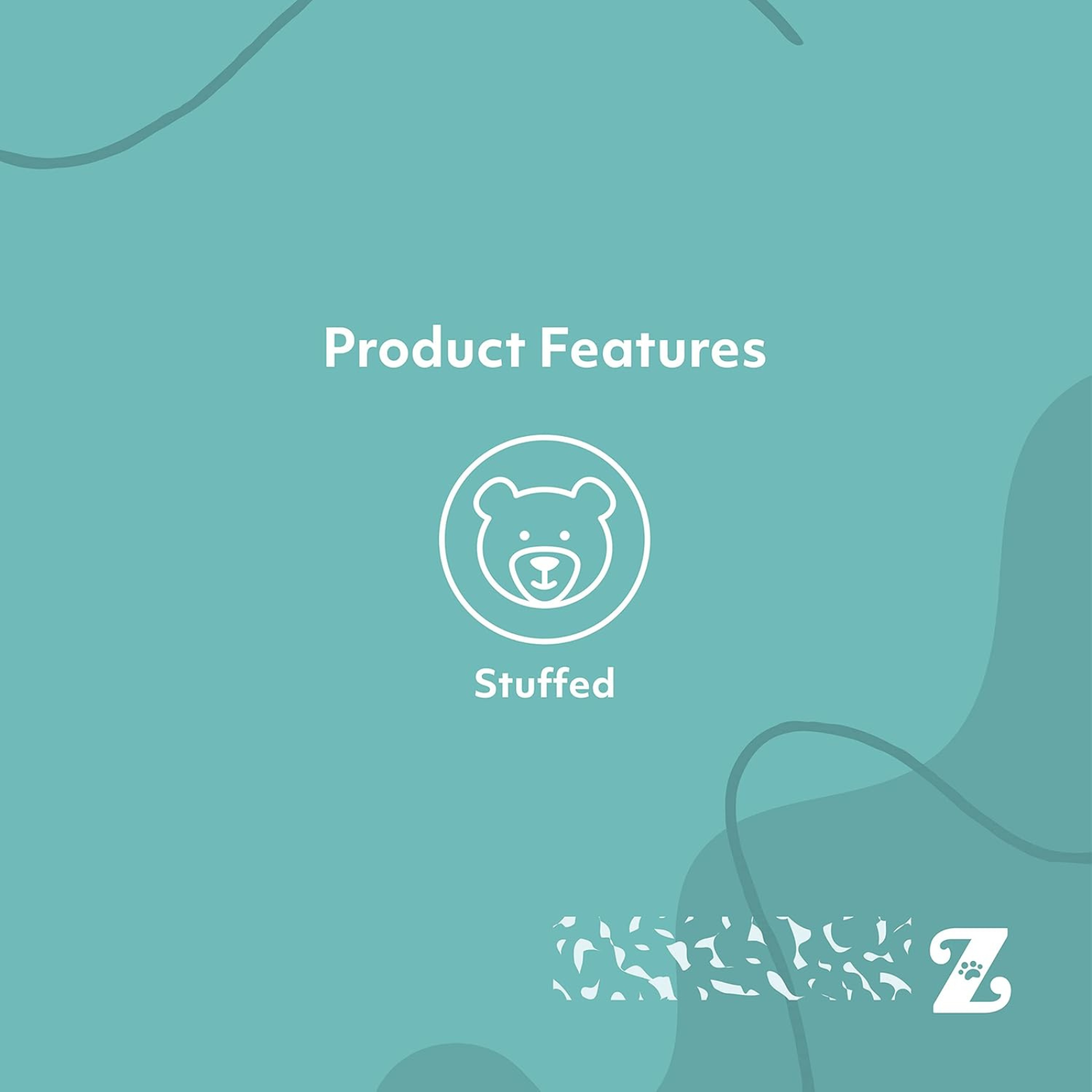 Product features list with a stuffed bear icon on a teal background