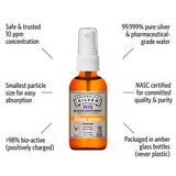 Bottle of Sovereign Silver Pets immune support product with features listed on a white background