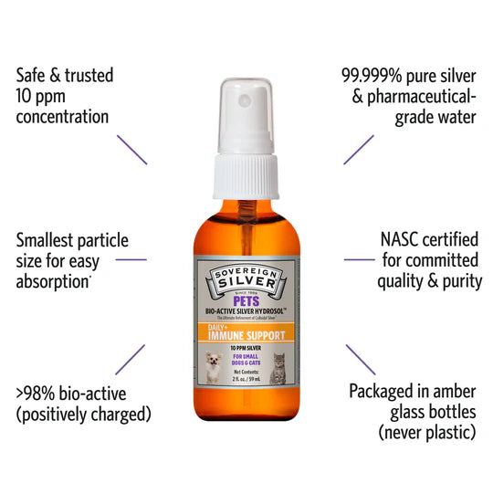 Bottle of Sovereign Silver Pets immune support product with features listed on a white background