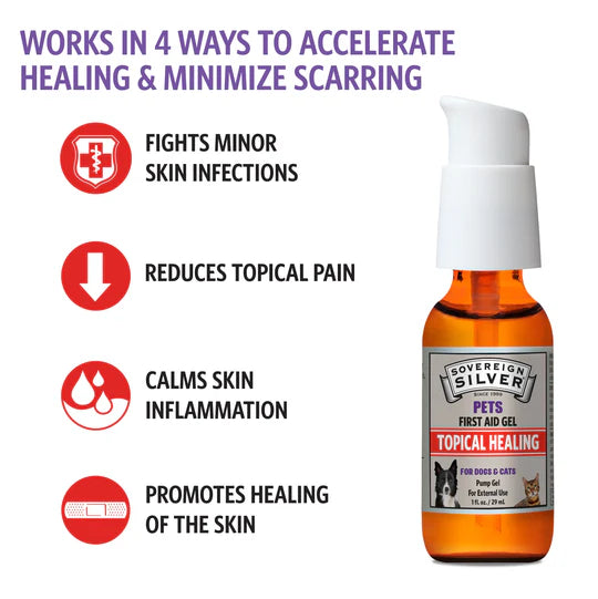 Sovereign Silver Pets First Aid Gel bottle with healing benefits listed on a white background