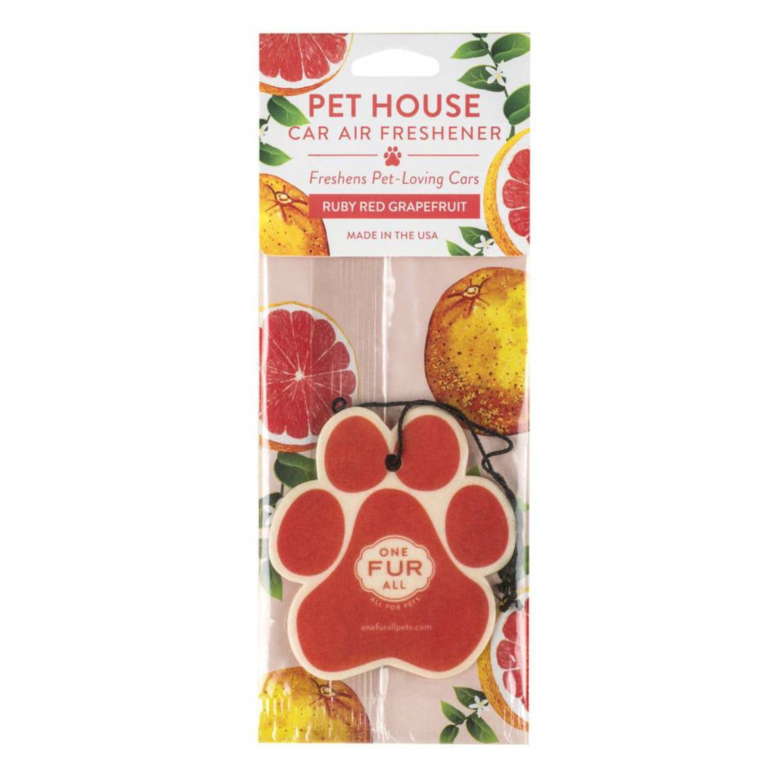 Pet House car air freshener with paw shape and fruit design on packaging