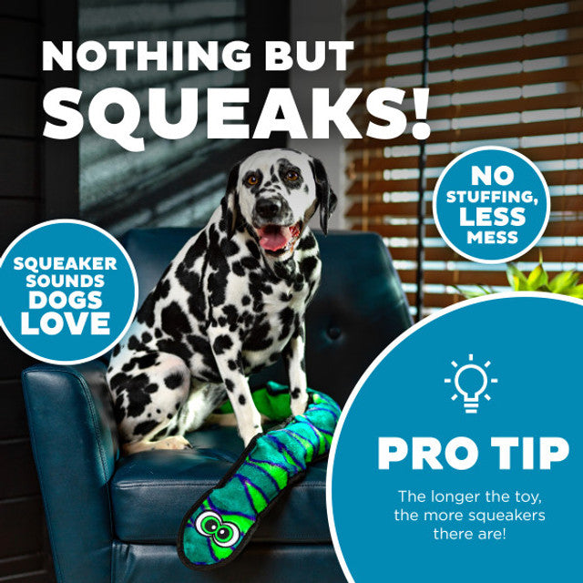 Dog playing with a squeaky toy on a couch, with text about the toy's features.