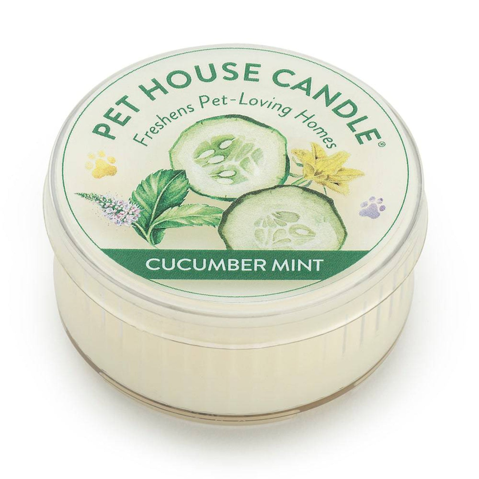Pet House Candle jar with cucumber and mint design on a white background