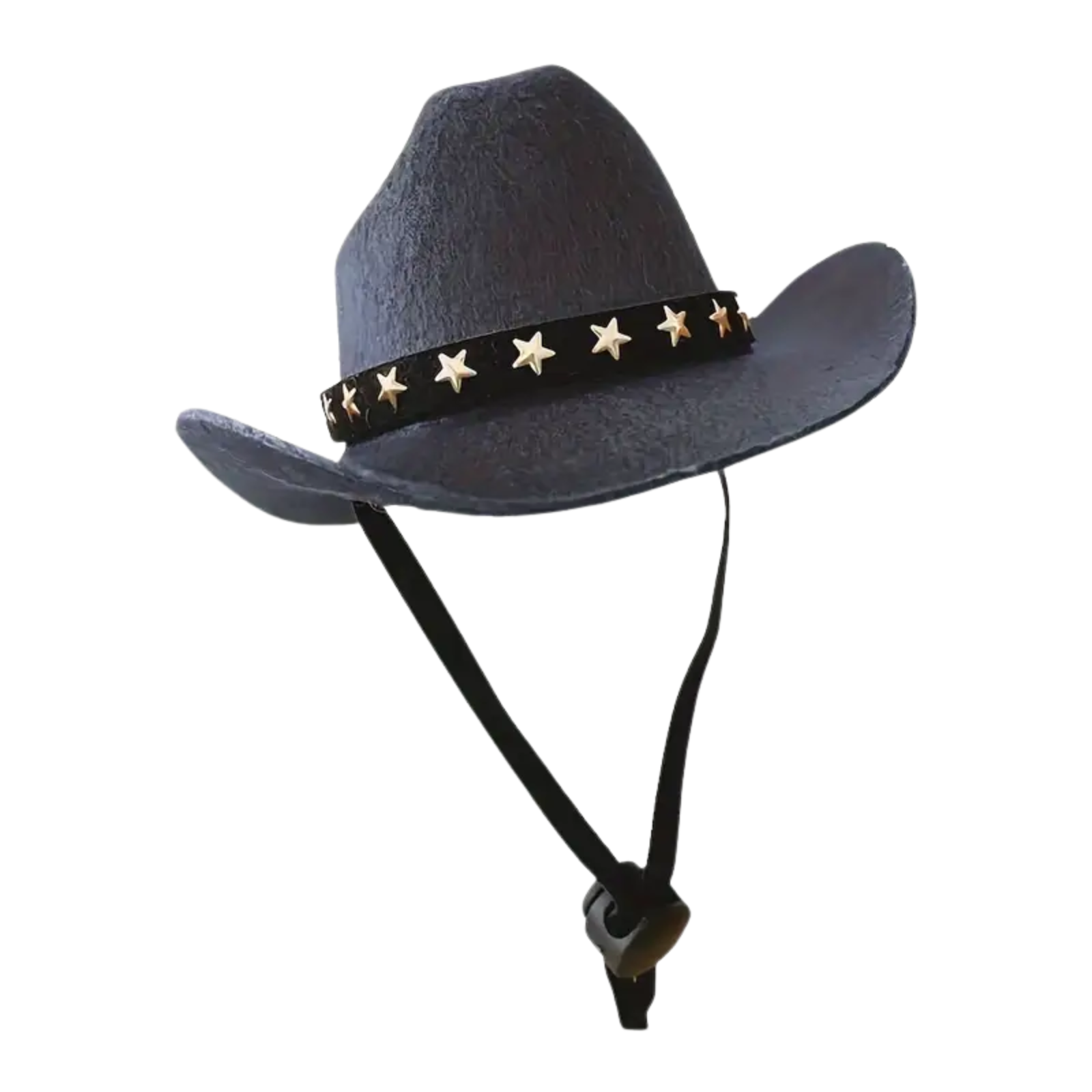 Black cowboy hat with a black band featuring gold stars on a white background
