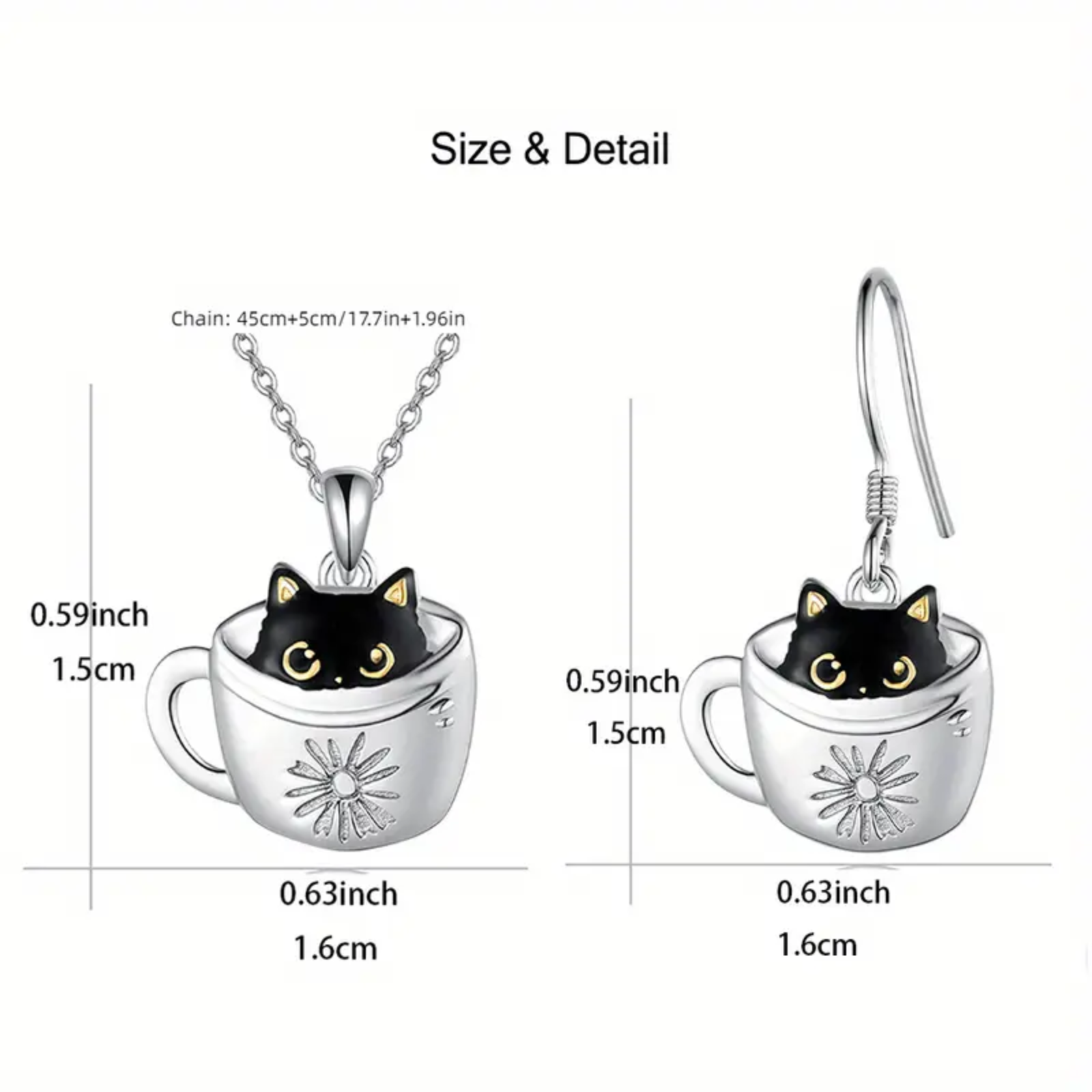 Cat-shaped jewelry set with measurements on a white background