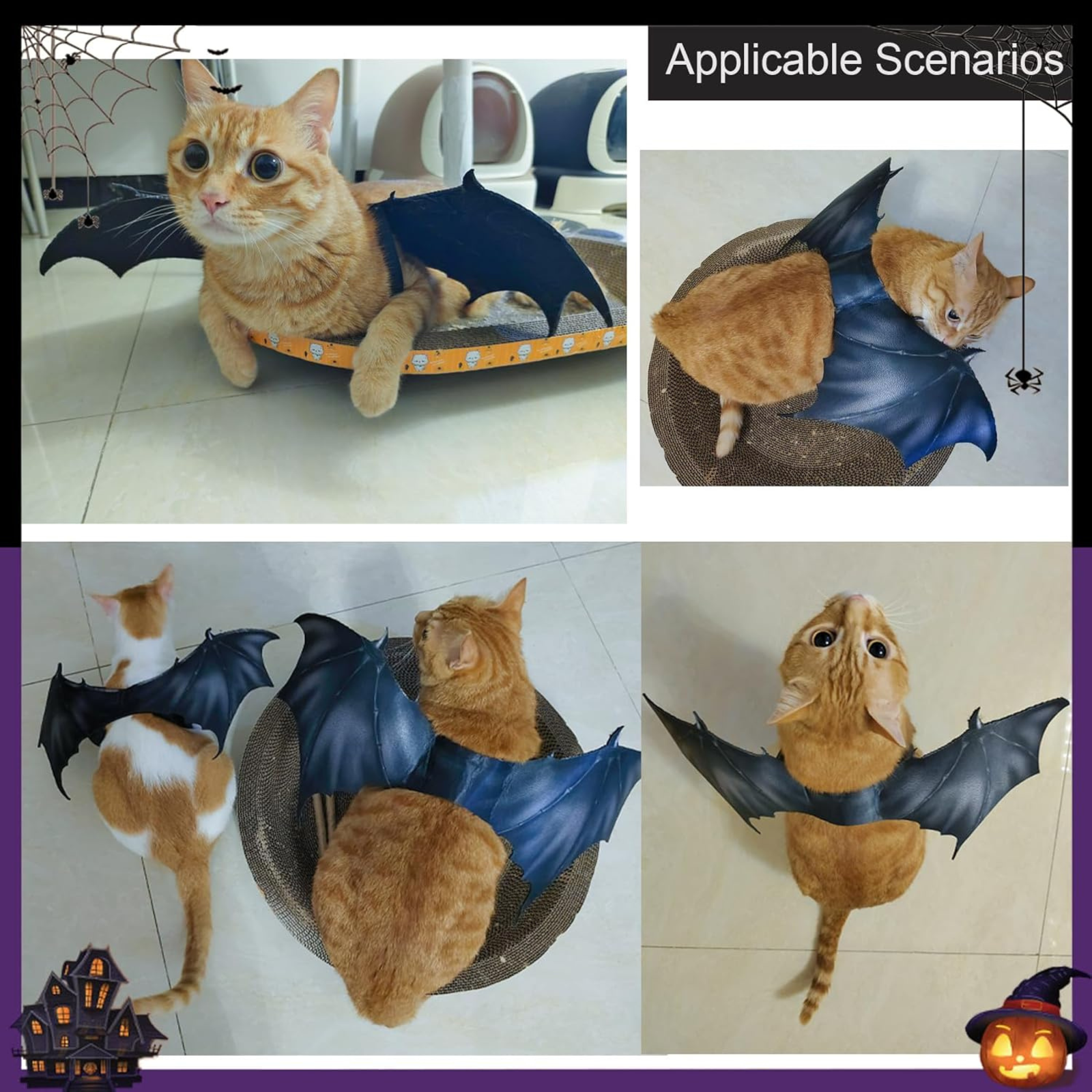 Cat wearing a bat costume in various poses on a tiled floor.