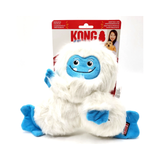 White and blue plush toy with a smiling face on a KONG branded packaging.