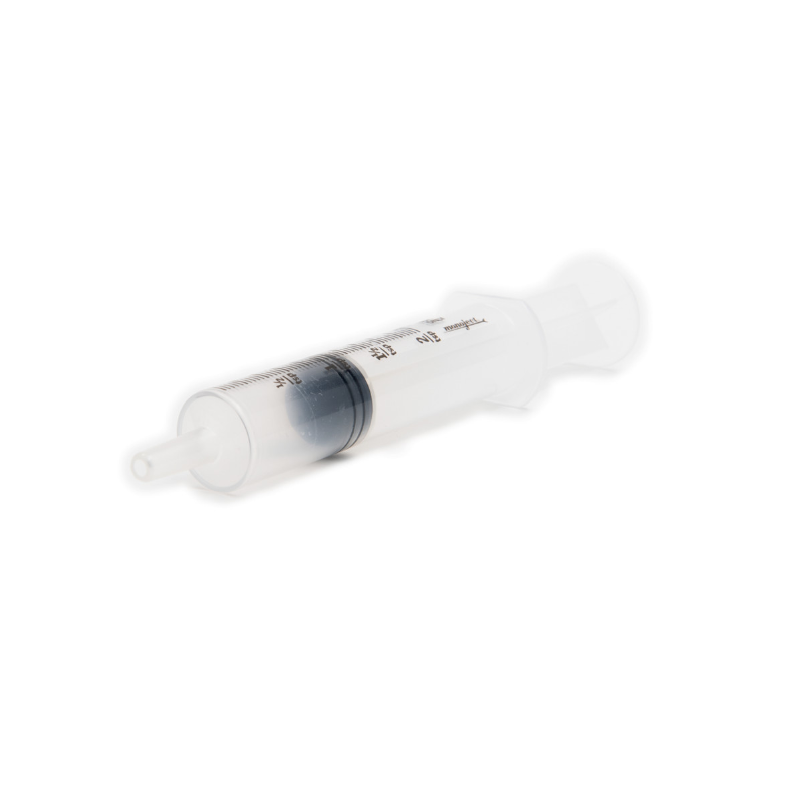Clear syringe with measurement markings on a white background