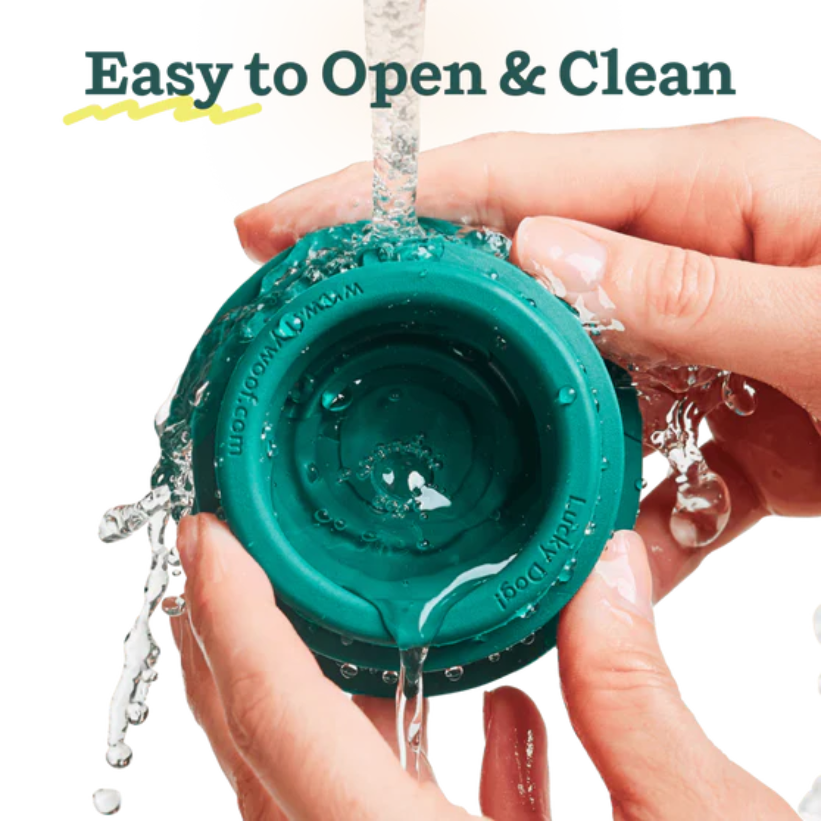 Green silicone lid being held under running water with 'EcoBottle' branding.