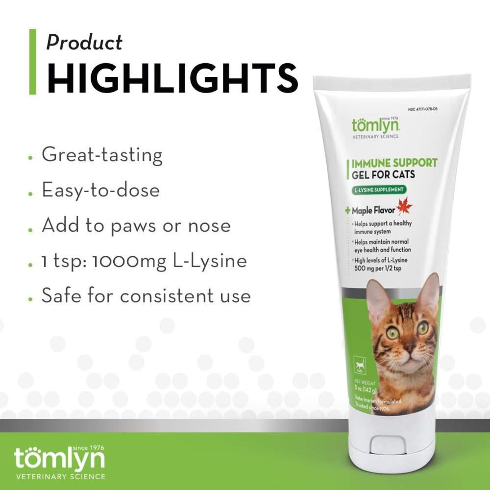 Tomlyn immune support gel for cats with product highlights listed on a white background.
