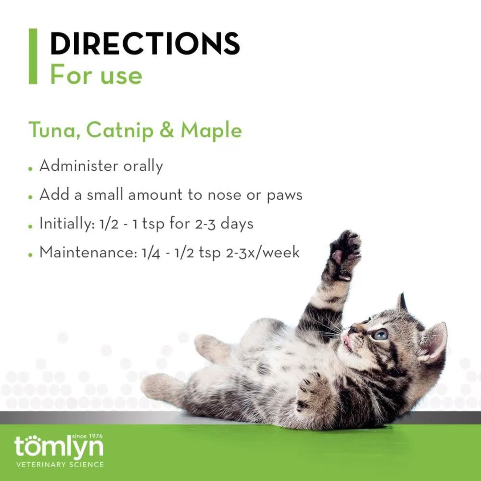 Catnip product directions with a cat on a white background