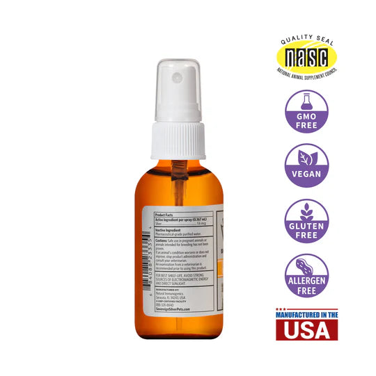 Bottle with a spray nozzle on a white background, featuring Nasc logos indicating quality, free of GMOs, vegan, gluten, and allergens, and manufactured in the USA.