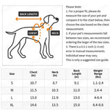 Dog size chart with measurements for chest, neck, back length, and weight range.