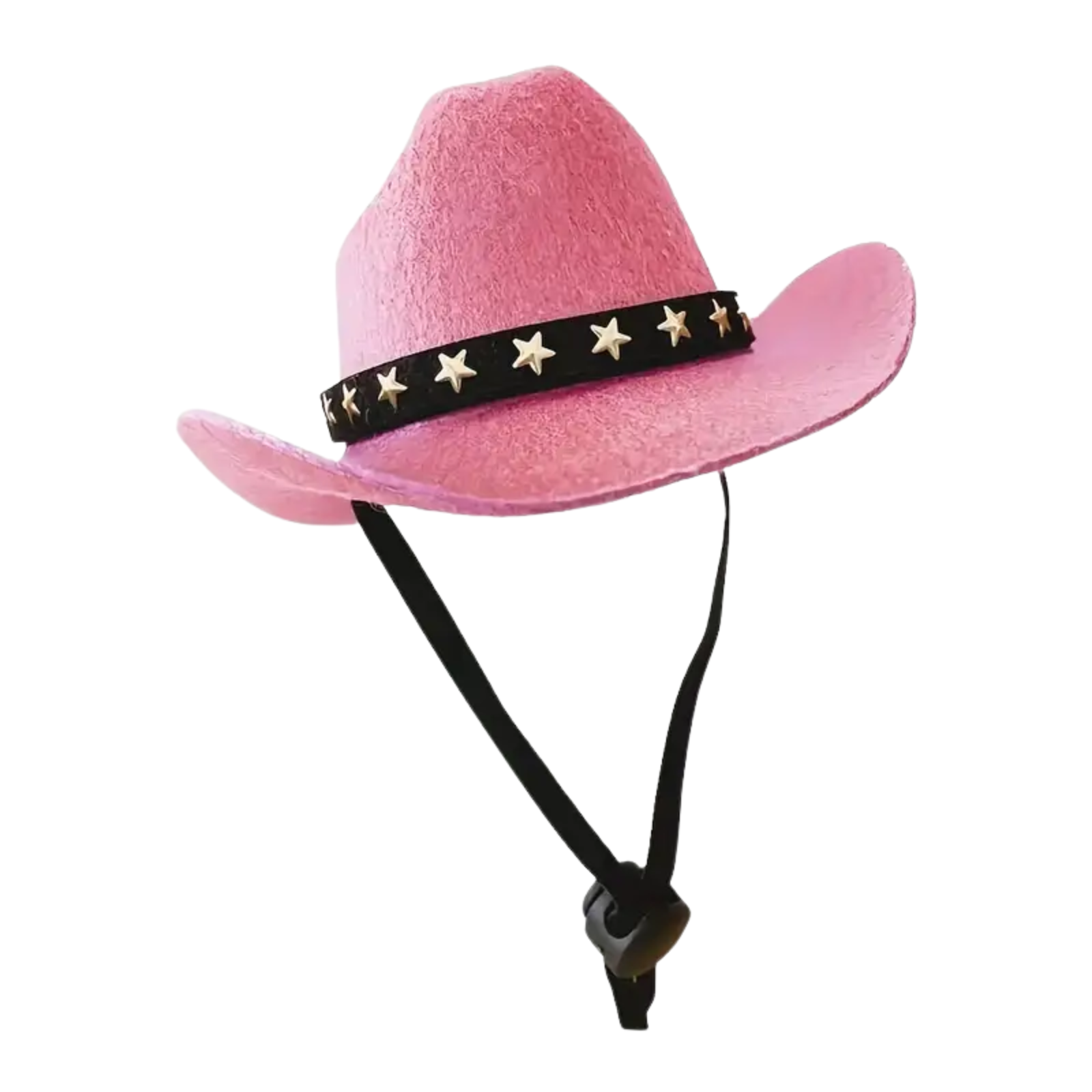 Pink cowboy hat with a black band featuring gold stars on a white background